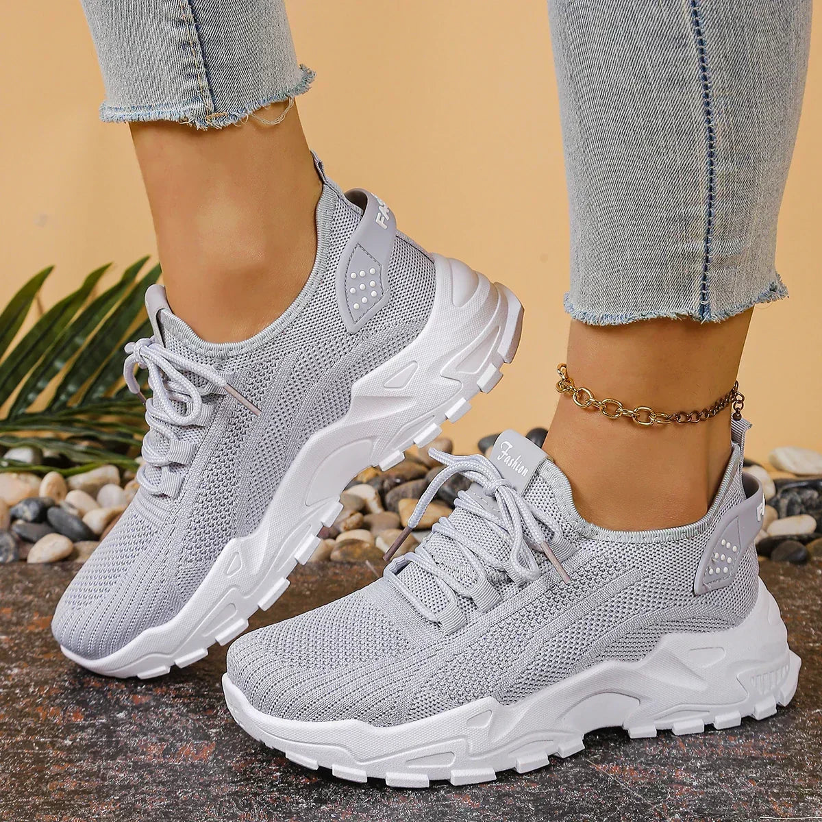 Greta | Sneakers in maglia con suola alta - Grigio perla