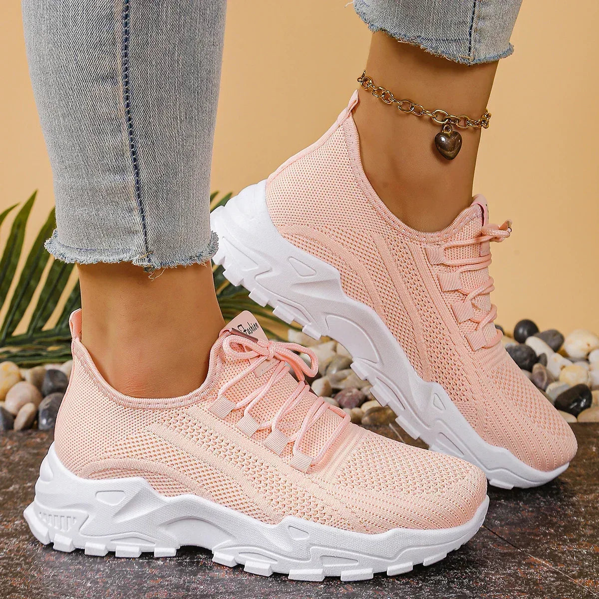Greta | Sneakers in maglia con suola alta - Rosa chiaro