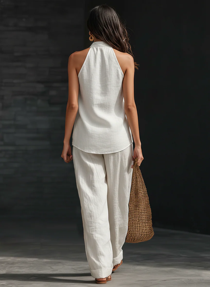 Nora, coordinato top con scollo halter e pantaloni a gamba larga