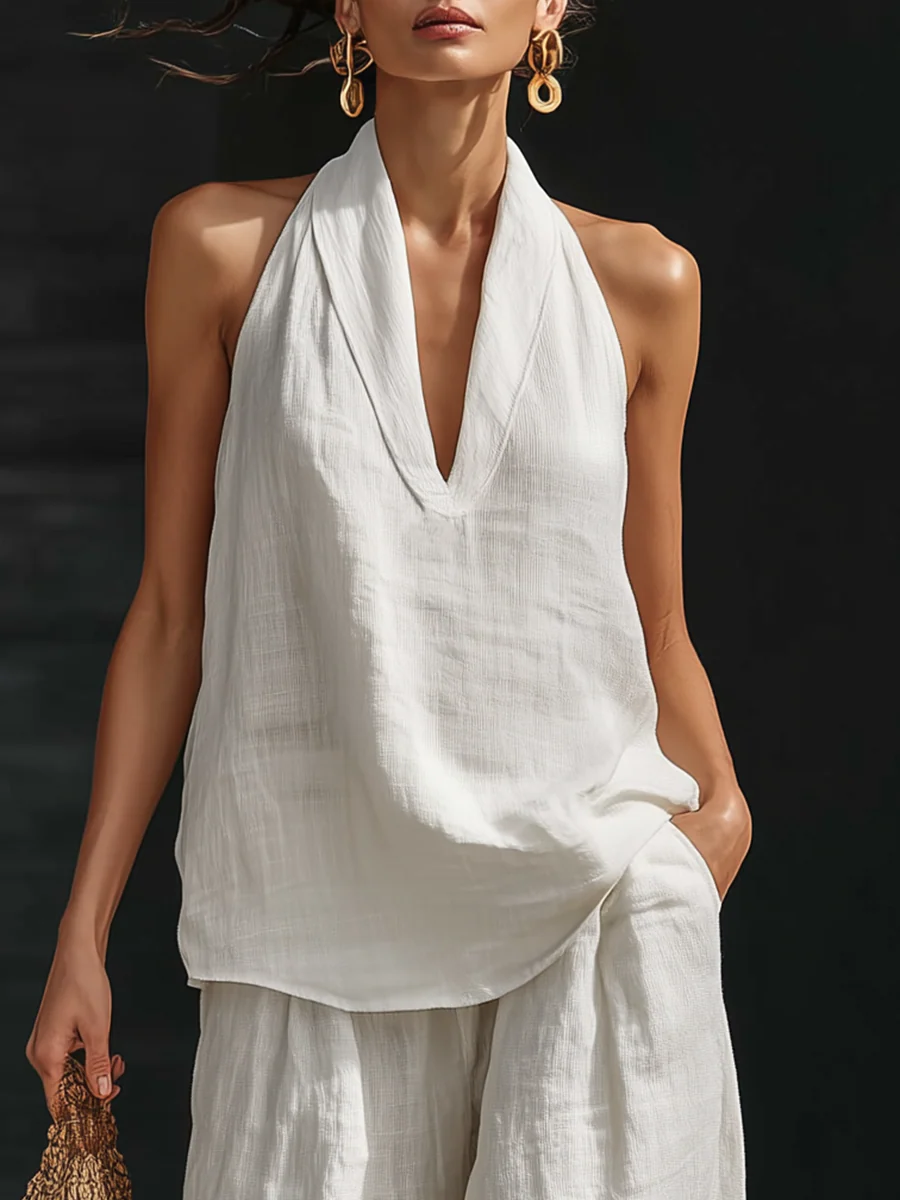 Nora, coordinato top con scollo halter e pantaloni a gamba larga