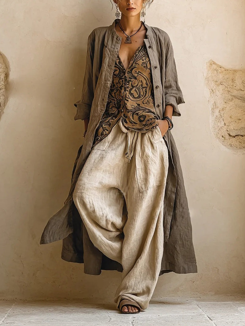 Sibilla, coordinato tre pezzi con cardigan lungo e top stampato, beige