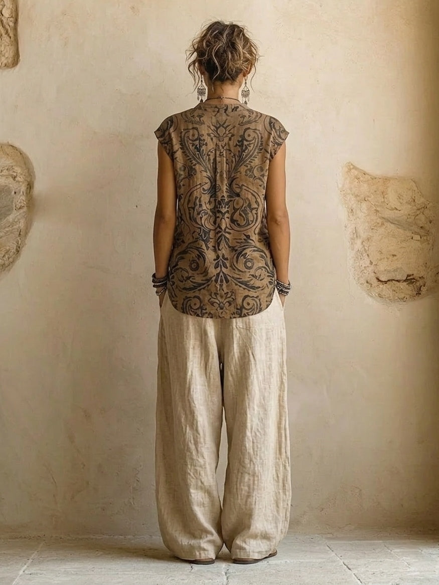 Sibilla, coordinato tre pezzi con cardigan lungo e top stampato