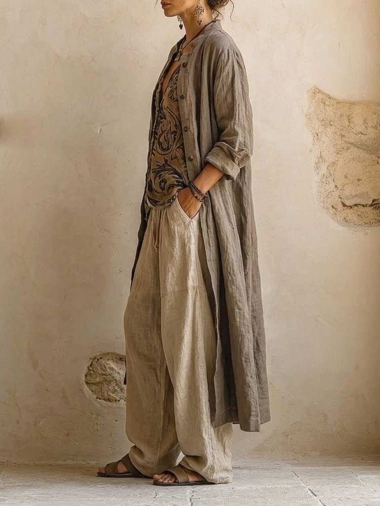 Sibilla, coordinato tre pezzi con cardigan lungo e top stampato