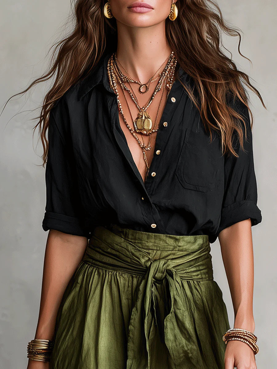 Camilla, coordinato camicia e gonna midi con cintura da annodare