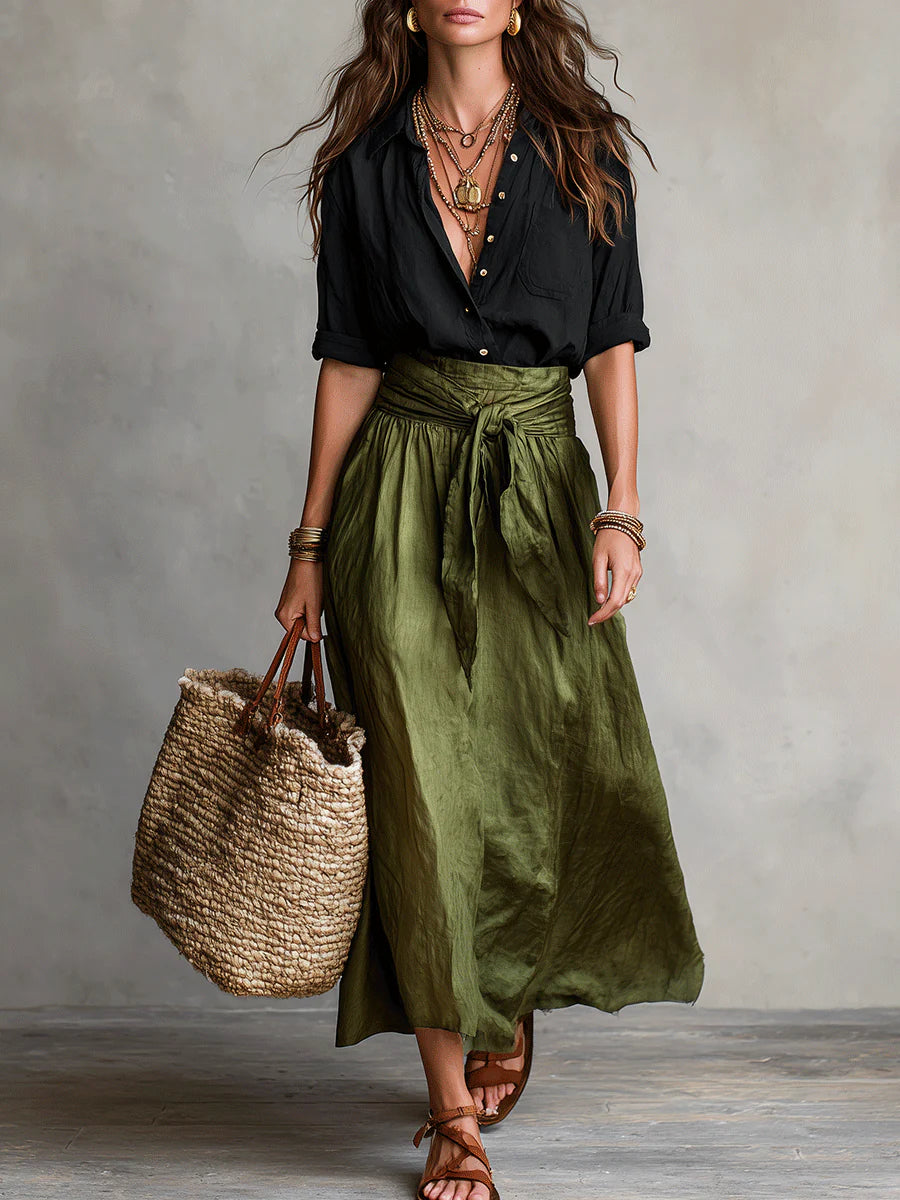 Camilla, coordinato camicia e gonna midi con cintura da annodare, nero e verde oliva