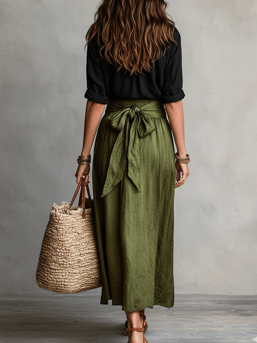Camilla, coordinato camicia e gonna midi con cintura da annodare