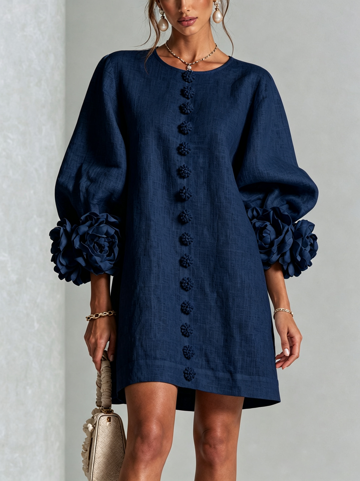 Federica, vestito corto con polsini a fiori e maniche a palloncino, blu navy