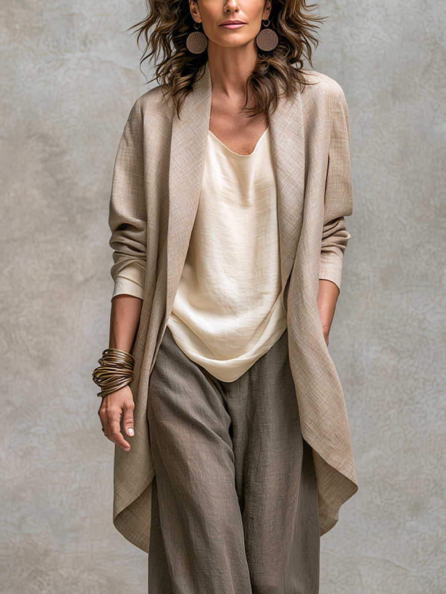 Emanuela, coordinato tre pezzi con cardigan lungo e top a maniche lunghe