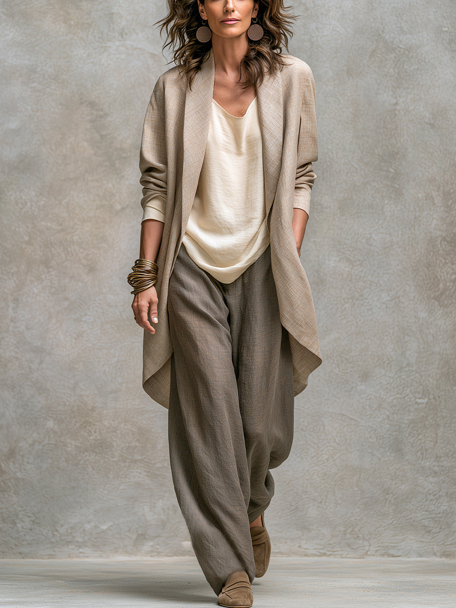 Emanuela, coordinato tre pezzi con cardigan lungo e top a maniche lunghe, beige e khaki