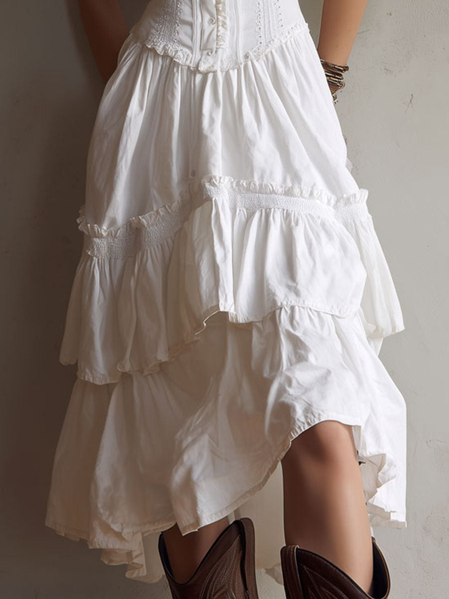Rosanna, vestito midi con corpetto e gonna a balze con pizzo