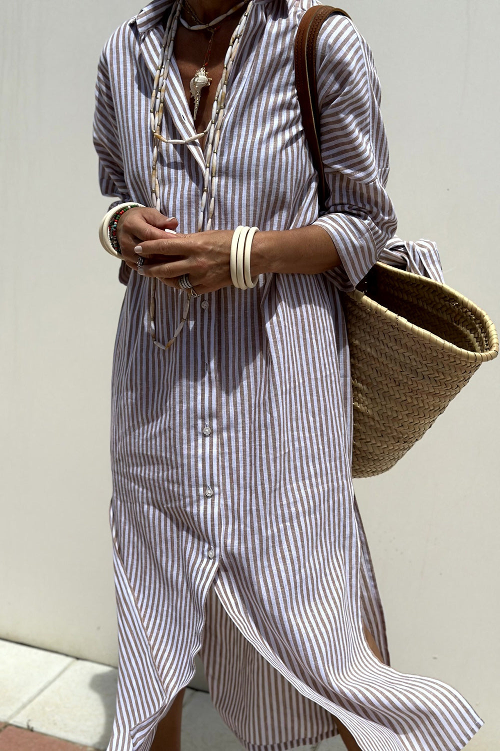 Susanna, vestito chemisier a righe con maniche lunghe, righe sabbia