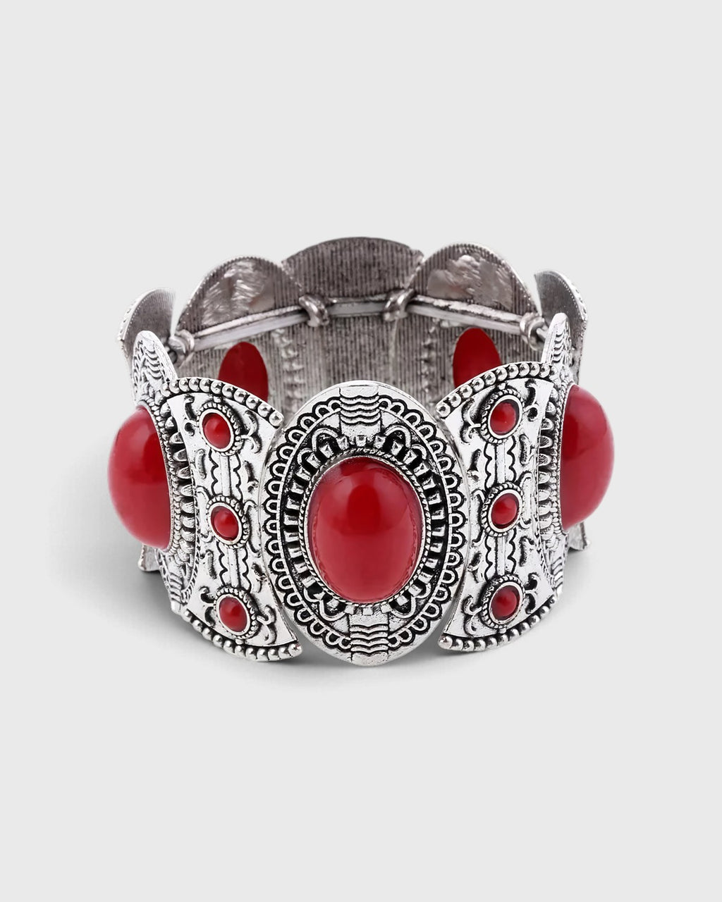 Bracciale rigido boho in argento con pietre rosse