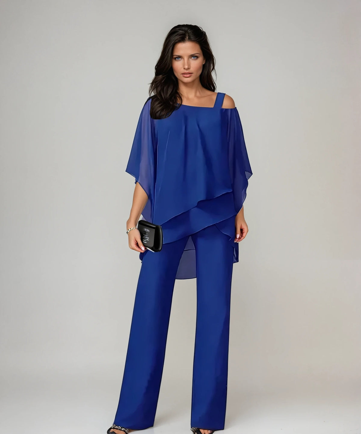 Adriana, coordinato con top asimmetrico a strati e pantaloni a gamba larga, blu