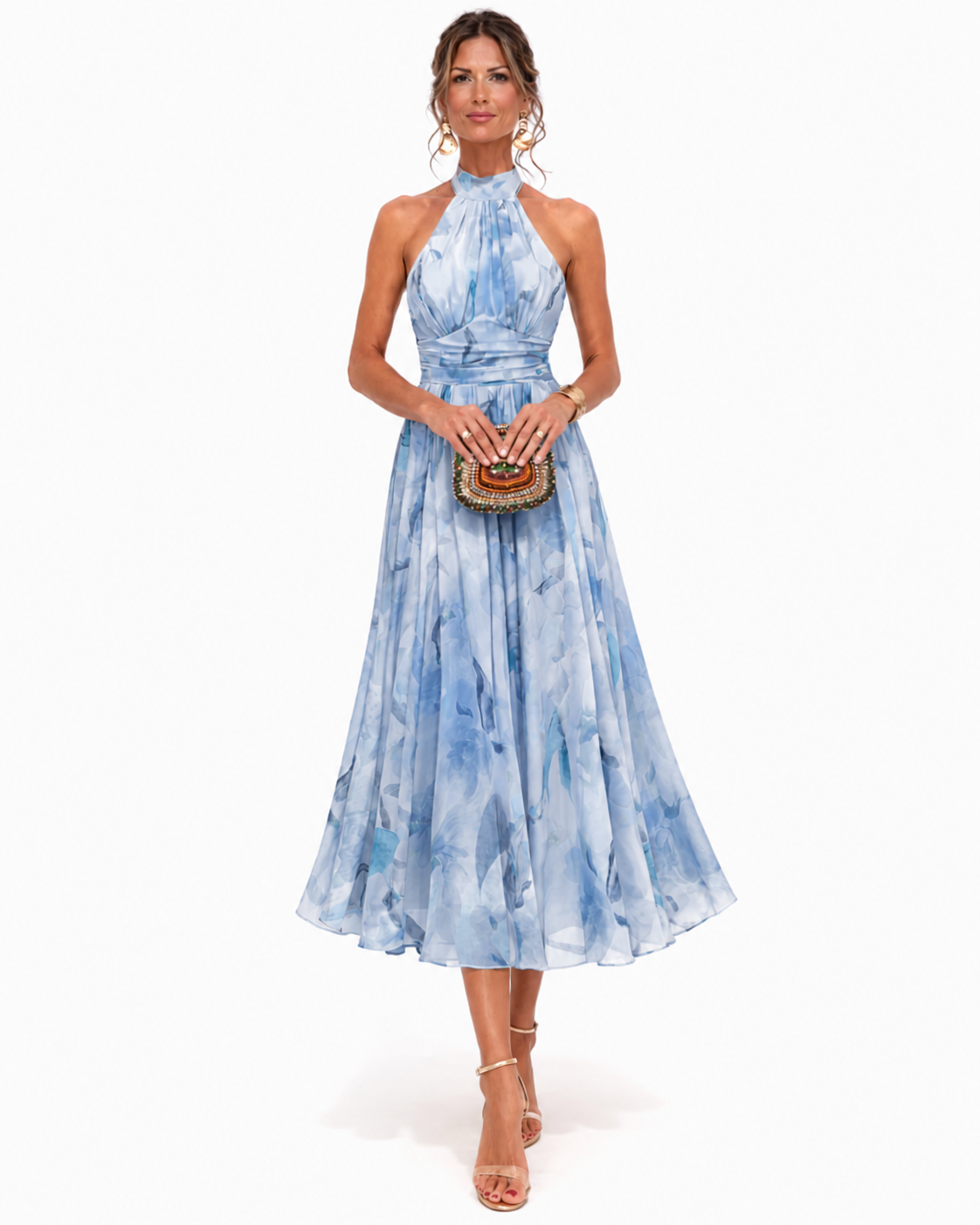 Alessandra, vestito midi con scollo halter e stampa acquerello, acquerello azzurro