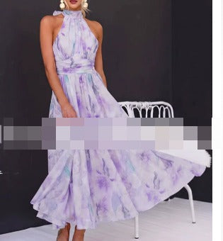 Alessandra, vestito midi con scollo halter e stampa acquerello, acquerello lilla