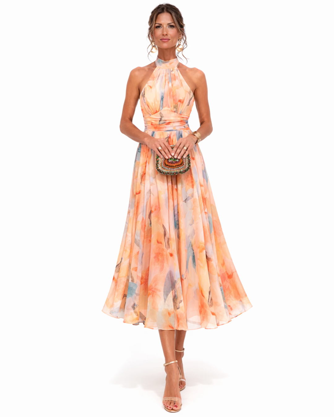 Alessandra, vestito midi con scollo halter e stampa acquerello, acquerello pesca