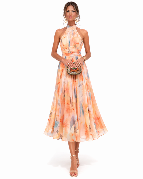 Alessandra, vestito midi con scollo halter e stampa acquerello, acquerello pesca