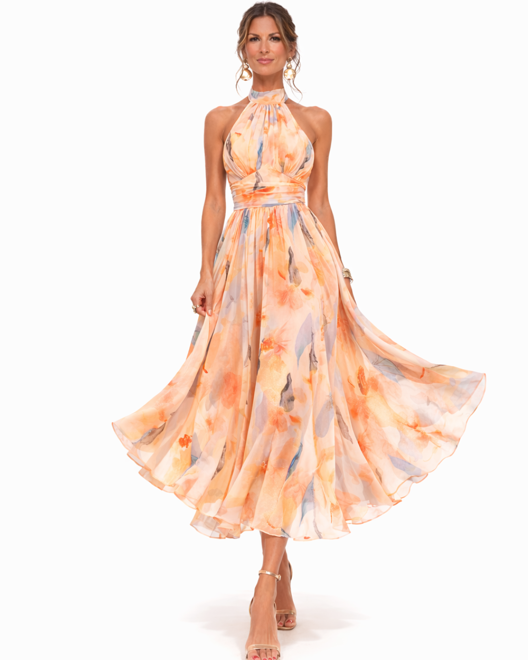 Alessandra, vestito midi con scollo halter e stampa acquerello, acquerello pesca