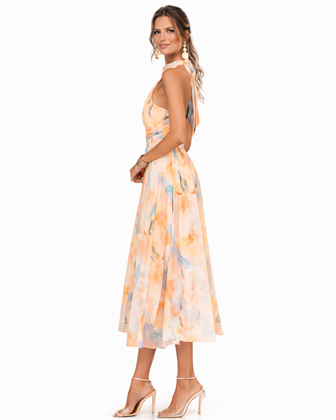 Alessandra, vestito midi con scollo halter e stampa acquerello, acquerello pesca