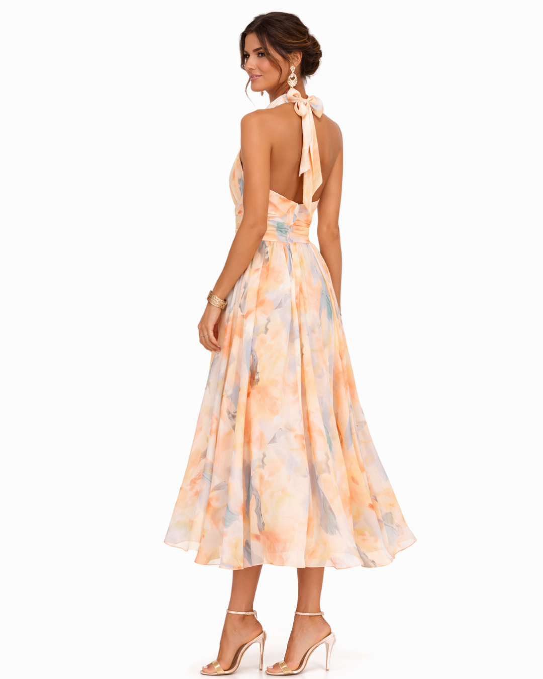 Alessandra, vestito midi con scollo halter e stampa acquerello, acquerello pesca