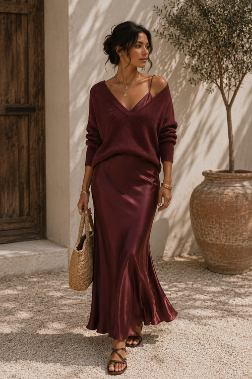 Alma, coordinato maglione e vestito effetto raso, bordeaux