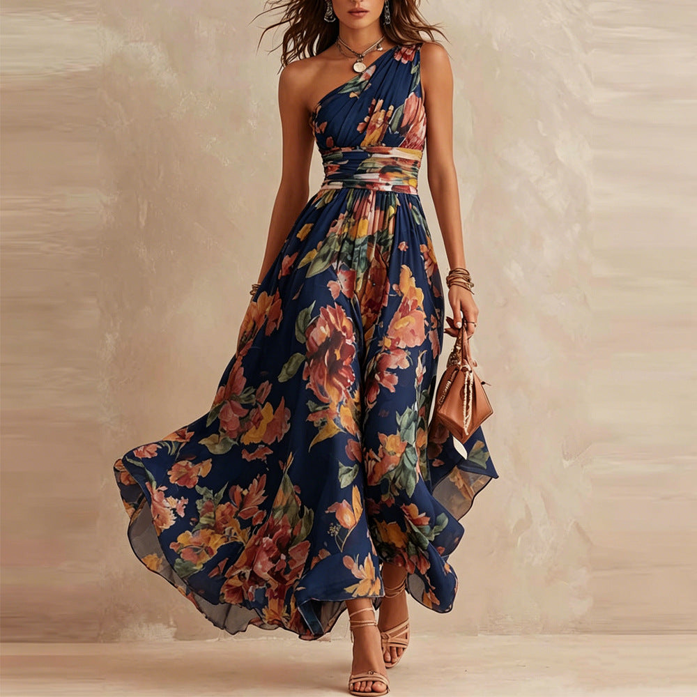 Aurora, vestito lungo floreale monospalla, floreale blu navy