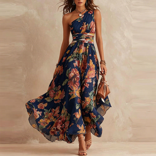 Aurora, vestito lungo floreale monospalla, floreale blu navy