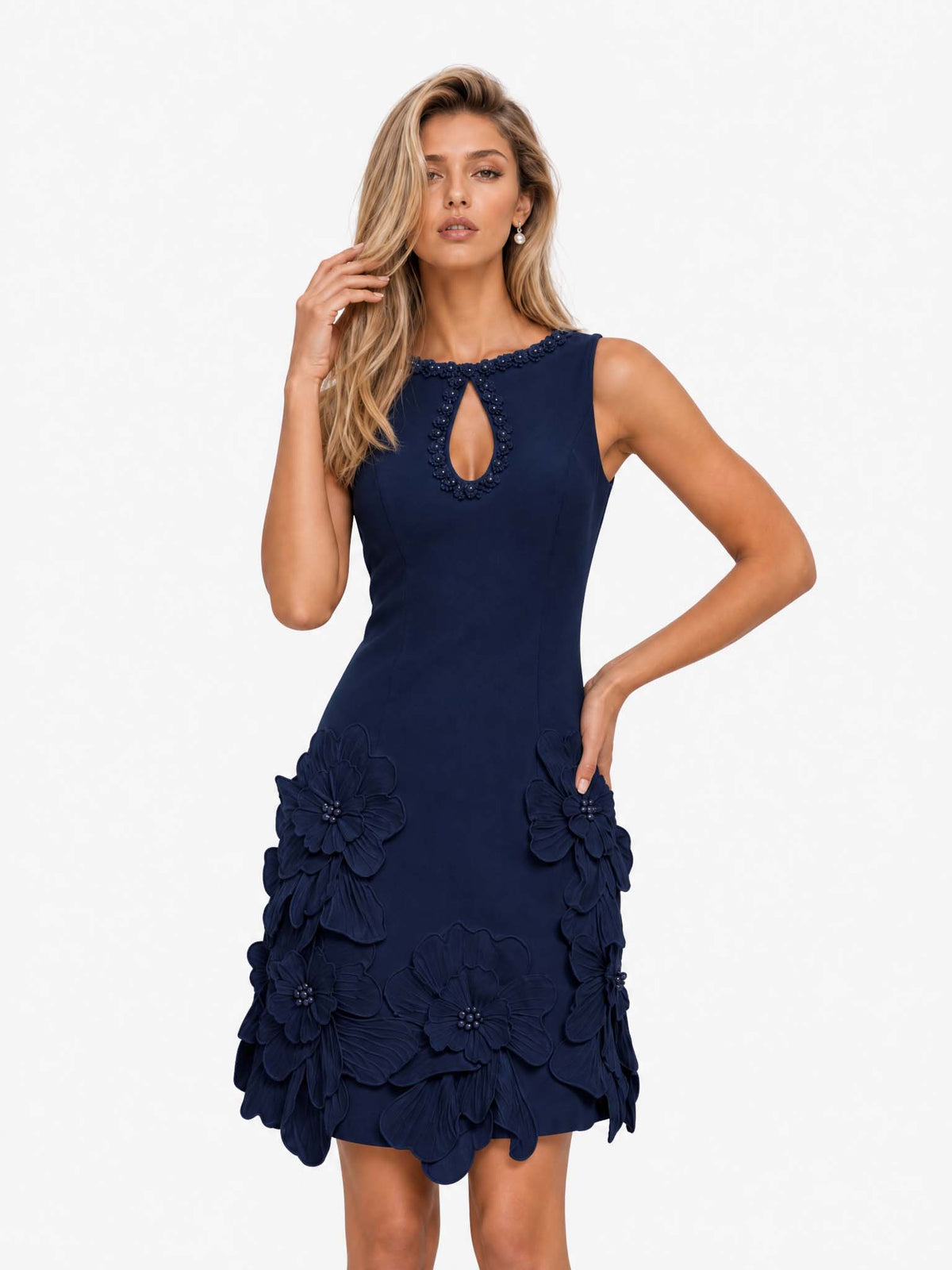 Bettina, vestito corto senza maniche con fiori in rilievo, blu navy