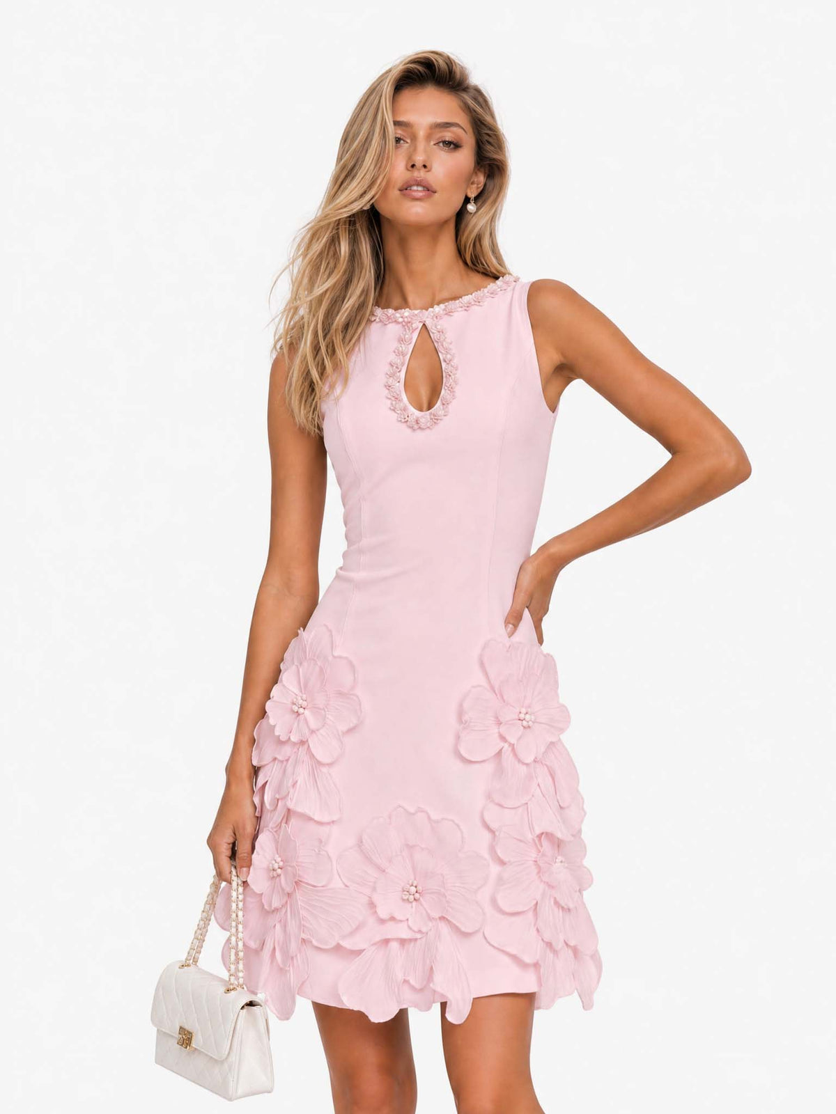 Bettina, vestito corto senza maniche con fiori in rilievo, rosa chiaro