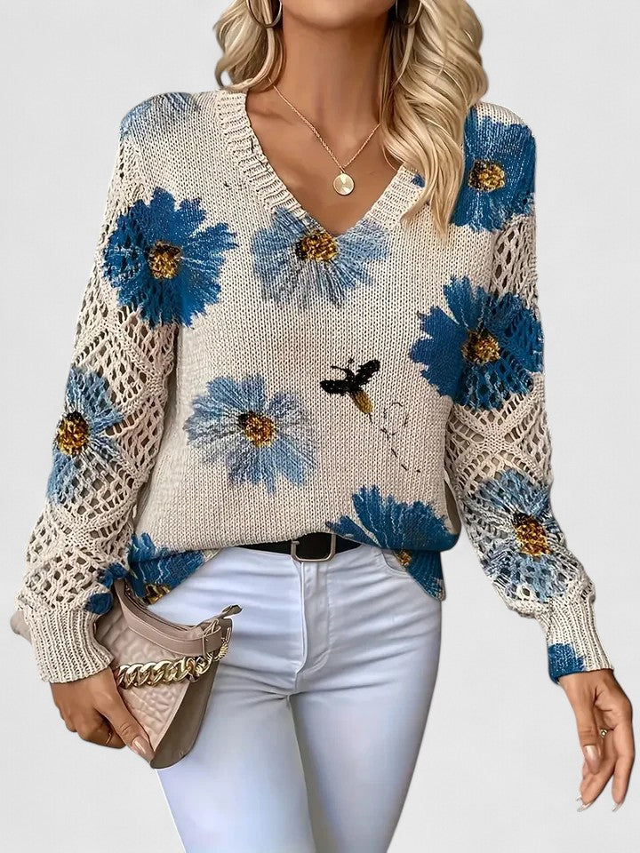 Brunella, maglione a fiori con maniche traforate, blu