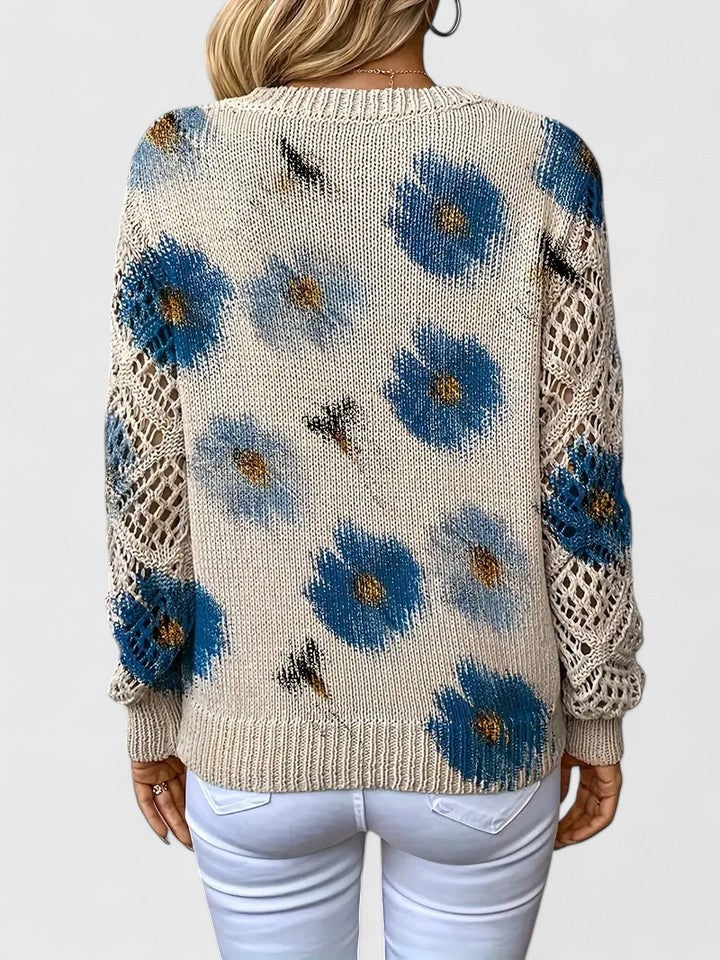 Brunella, maglione a fiori con maniche traforate, blu