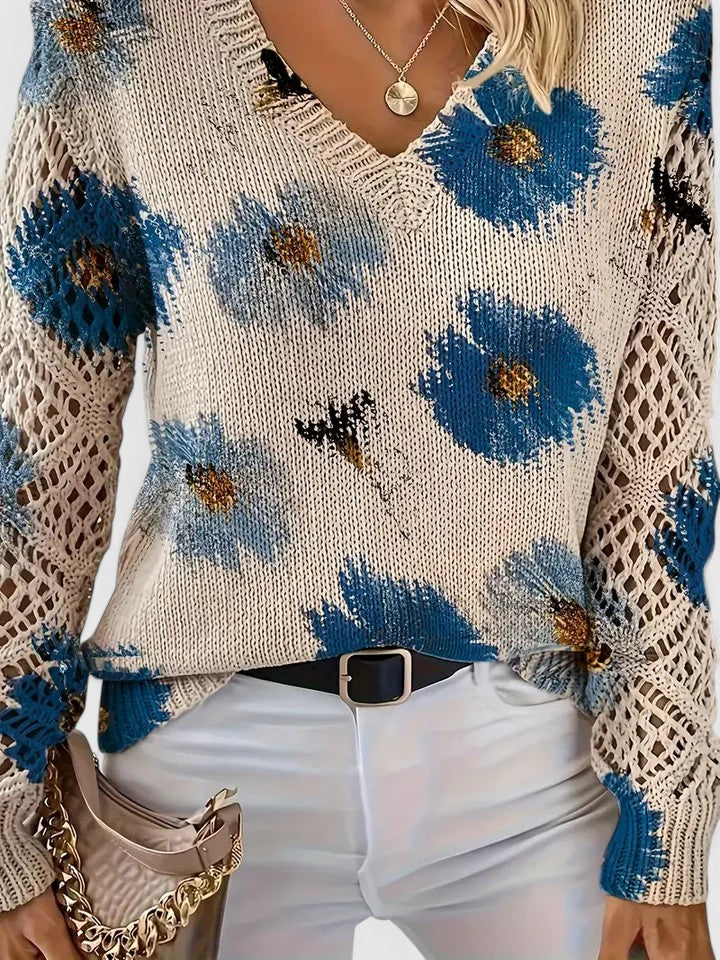 Brunella, maglione a fiori con maniche traforate, blu