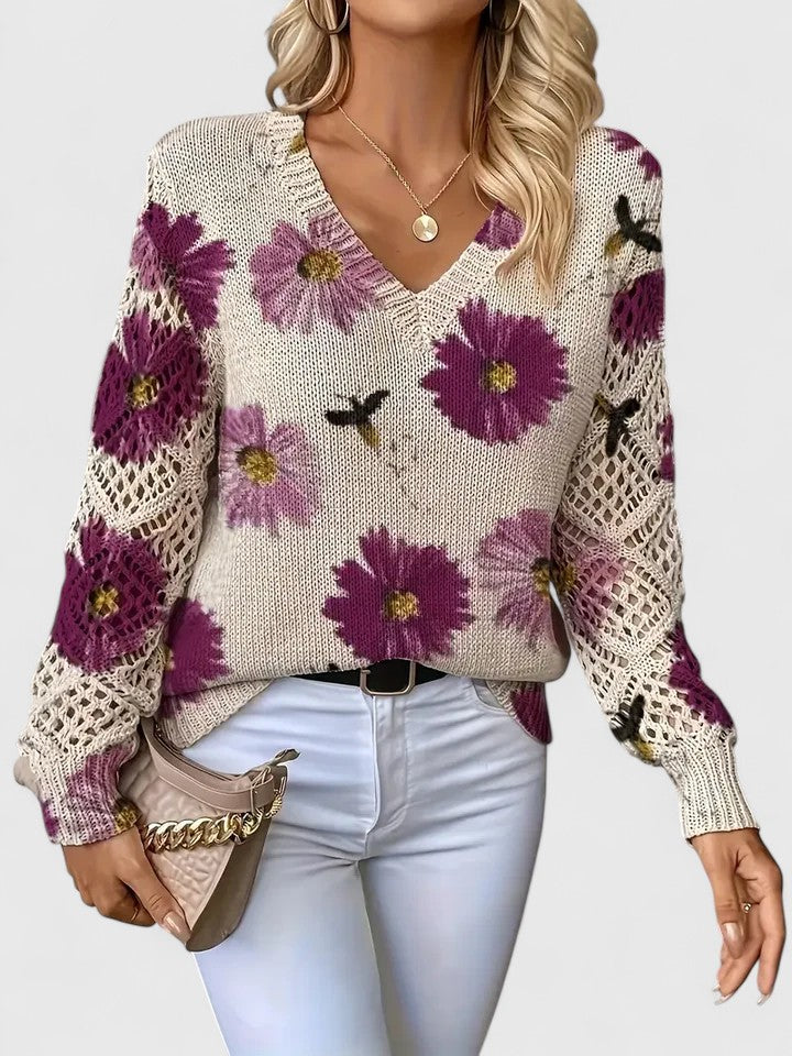 Brunella, maglione a fiori con maniche traforate, porpora