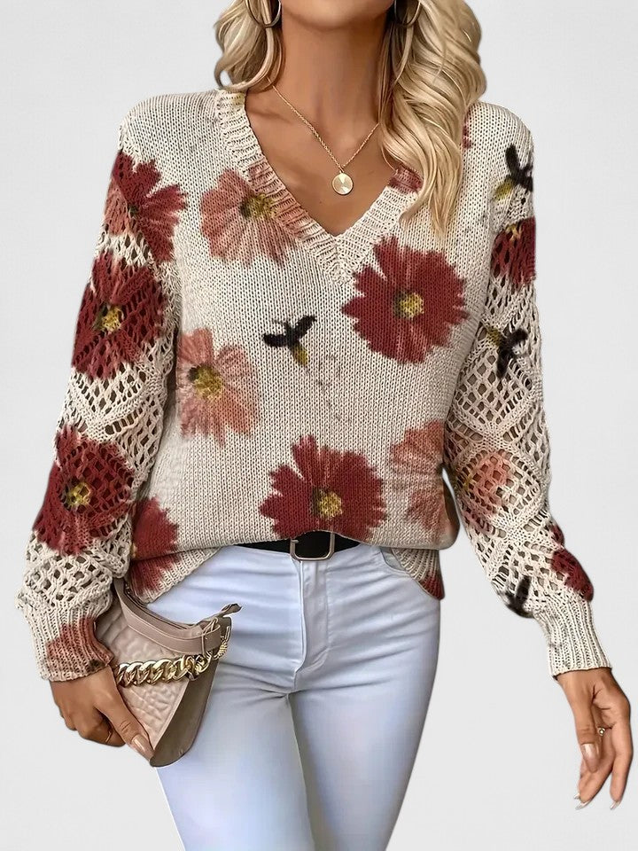 Brunella, maglione a fiori con maniche traforate, rosso mattone