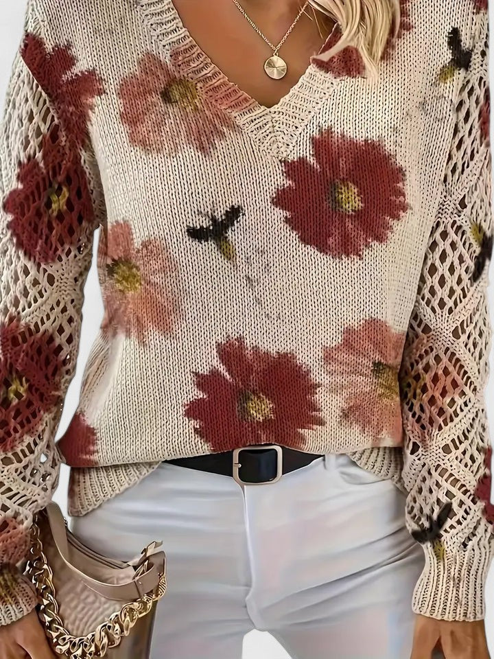 Brunella, maglione a fiori con maniche traforate, rosso mattone