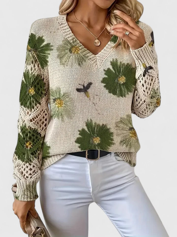 Brunella, maglione a fiori con maniche traforate, verde oliva