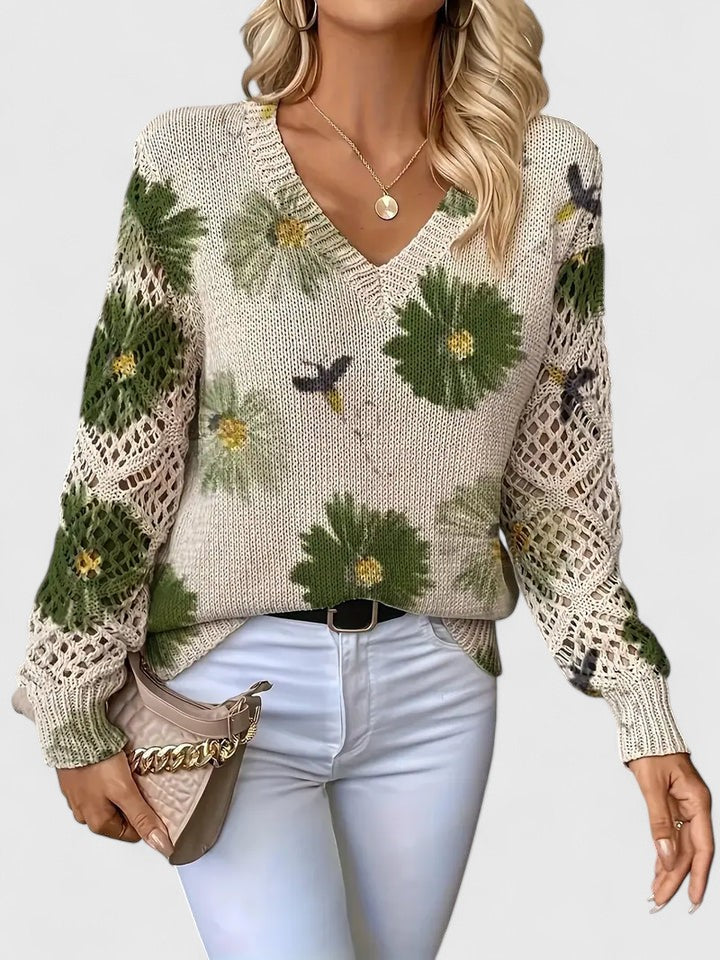 Brunella, maglione a fiori con maniche traforate, verde oliva