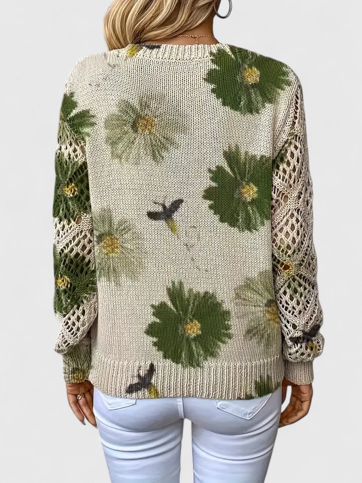 Brunella, maglione a fiori con maniche traforate, verde oliva