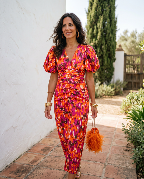 Carla, vestito midi floreale con maniche a sbuffo, floreale arancione