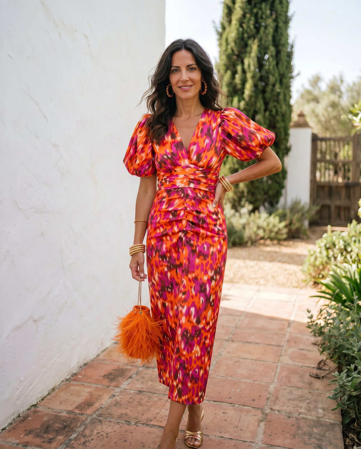 Carla, vestito midi floreale con maniche a sbuffo, floreale arancione