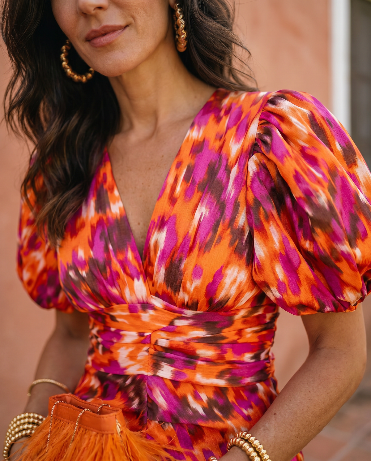 Carla, vestito midi floreale con maniche a sbuffo, floreale arancione