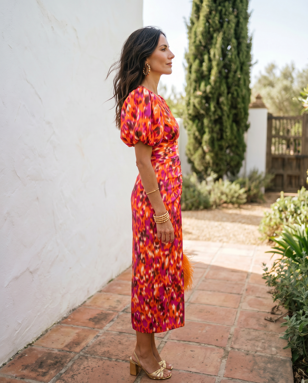 Carla, vestito midi floreale con maniche a sbuffo, floreale arancione