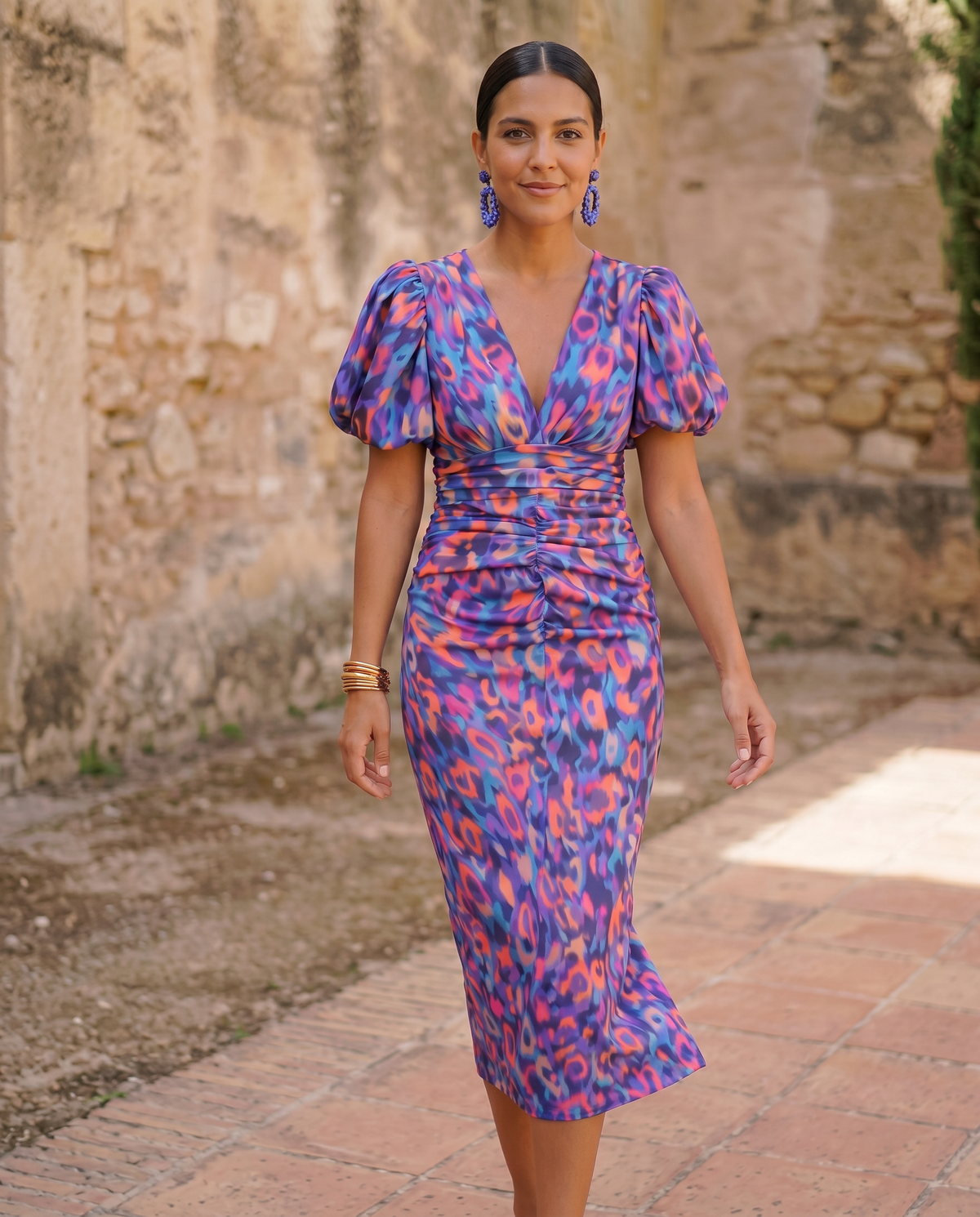 Carla, vestito midi floreale con maniche a sbuffo, floreale viola