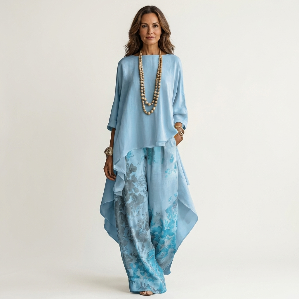 Carola, coordinato con tunica asimmetrica e pantaloni stampati, azzurro chiaro