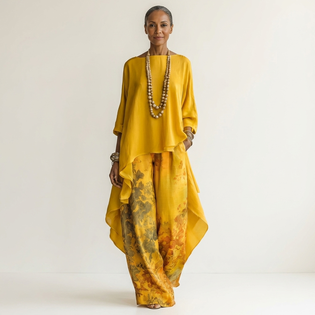 Carola, coordinato con tunica asimmetrica e pantaloni stampati, giallo