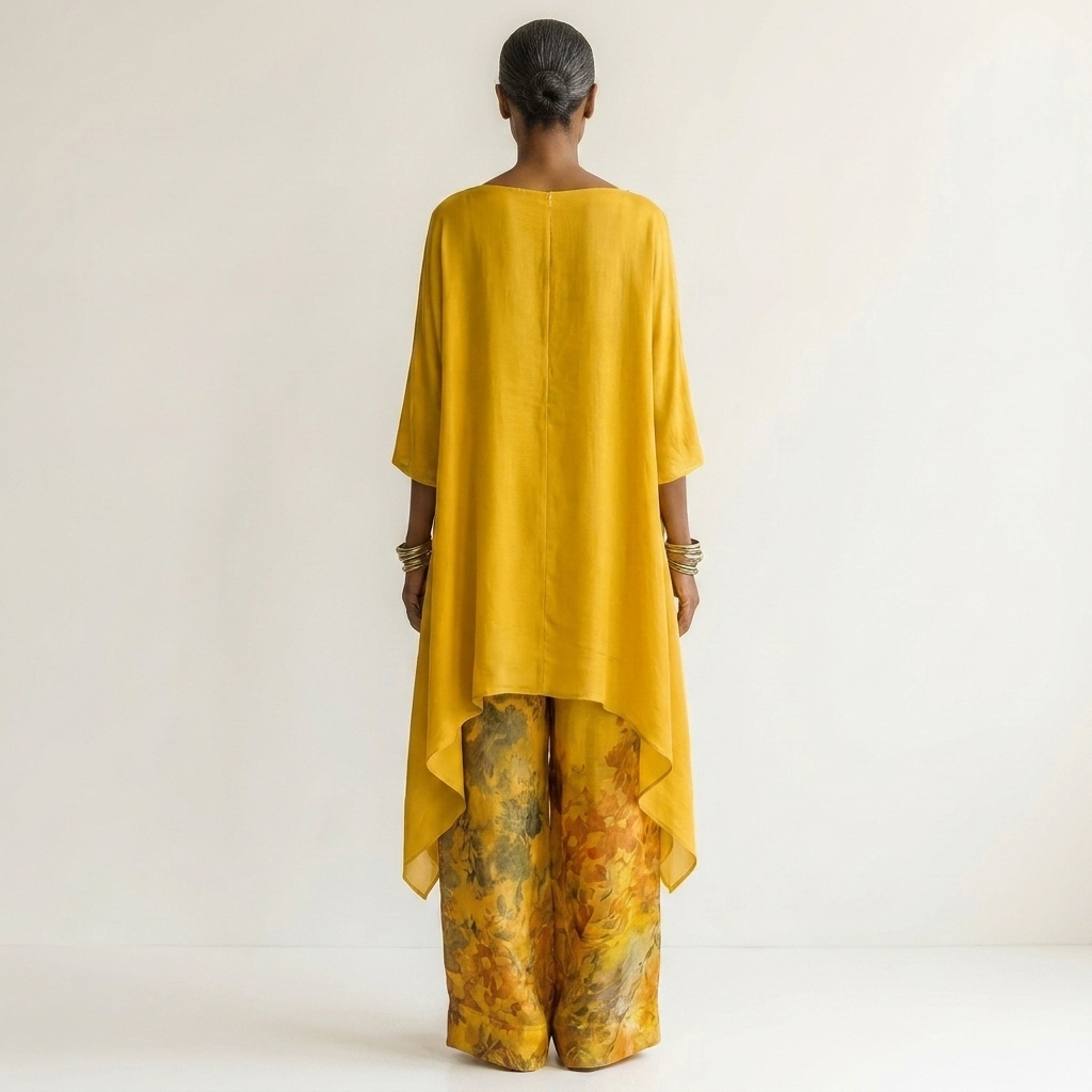 Carola, coordinato con tunica asimmetrica e pantaloni stampati, giallo