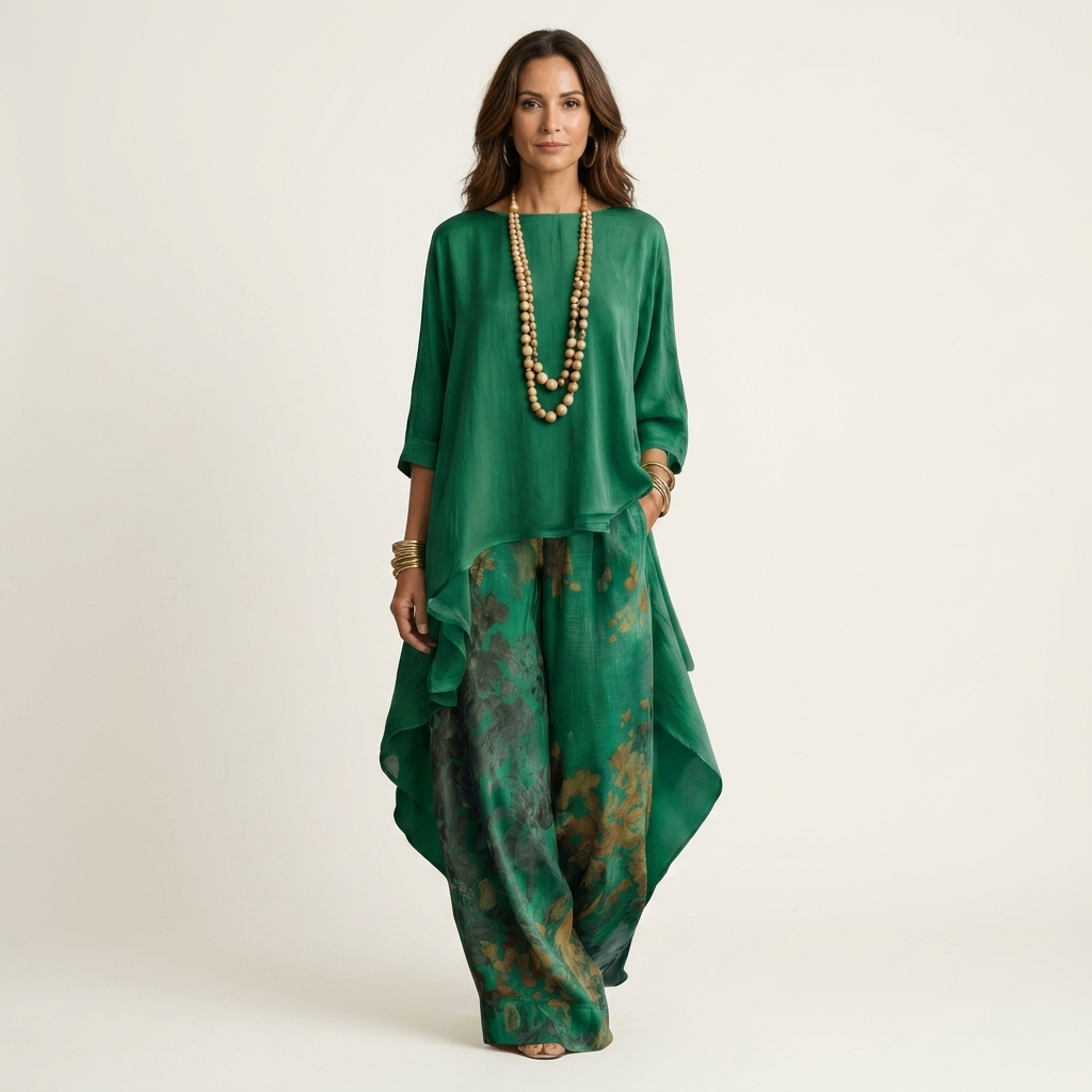 Carola, coordinato con tunica asimmetrica e pantaloni stampati, verde