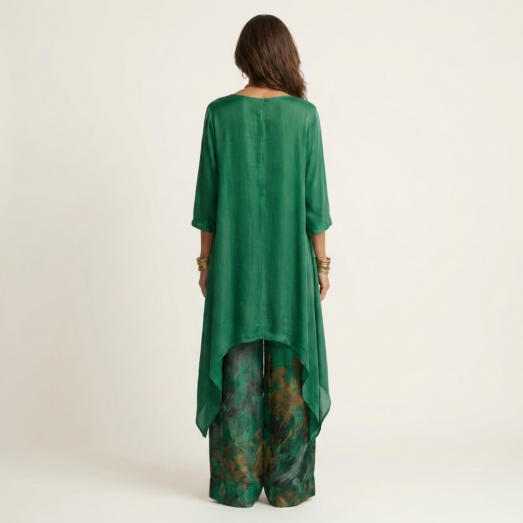 Carola, coordinato con tunica asimmetrica e pantaloni stampati, verde