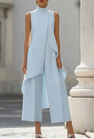 Carolina, tuta lunga con pannello drappeggiato asimmetrico, azzurro chiaro