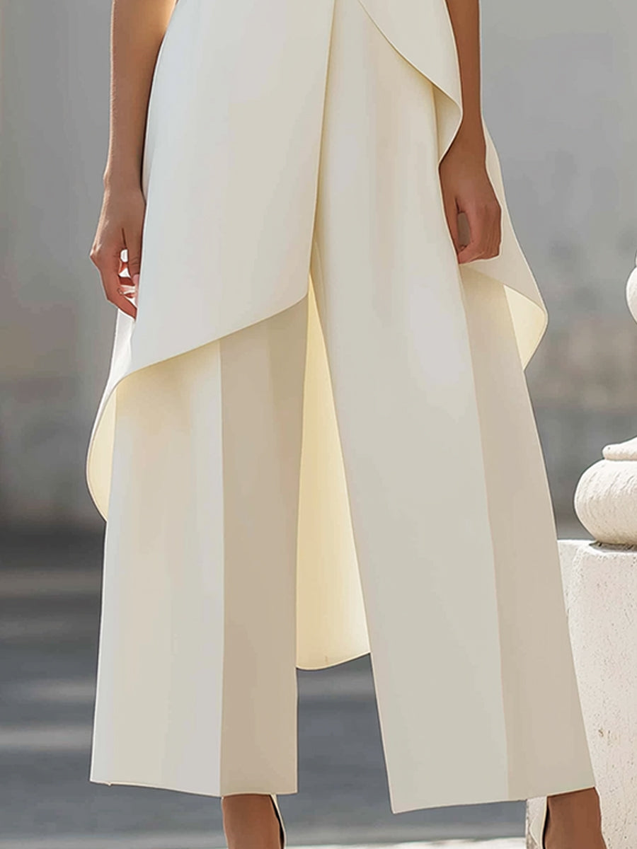 Carolina, tuta lunga con pannello drappeggiato asimmetrico, bianco